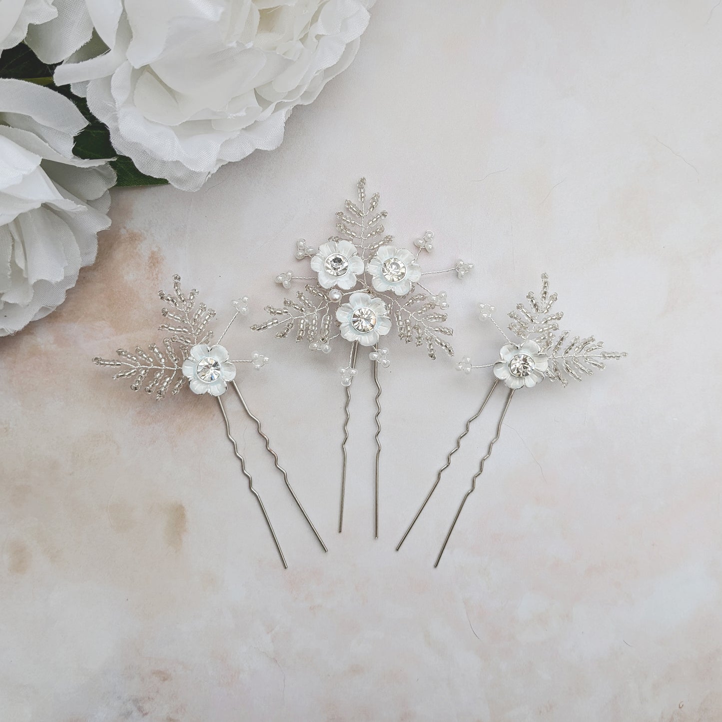 hand painted white floral hair pins for brides - susie warner