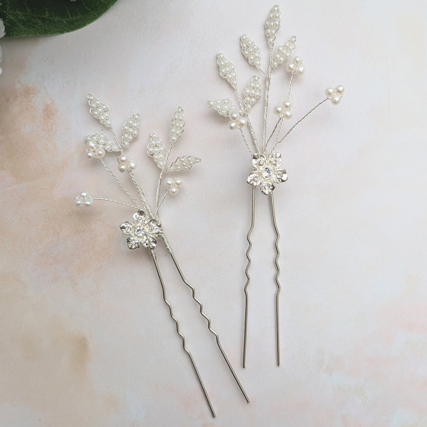 Floral hair pins for brides with crystal & pearl leaves - Susie Warner