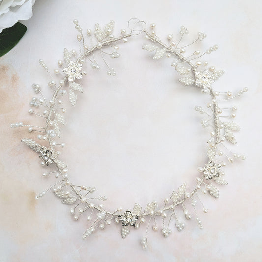 Modern floral wedding hairpiece with pearl leaves - Susie Warner