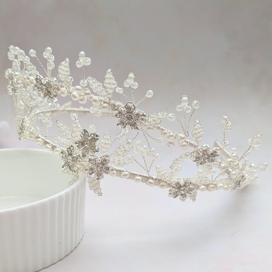 Modern floral halo crown tiara with pearl leaves - Susie Warner