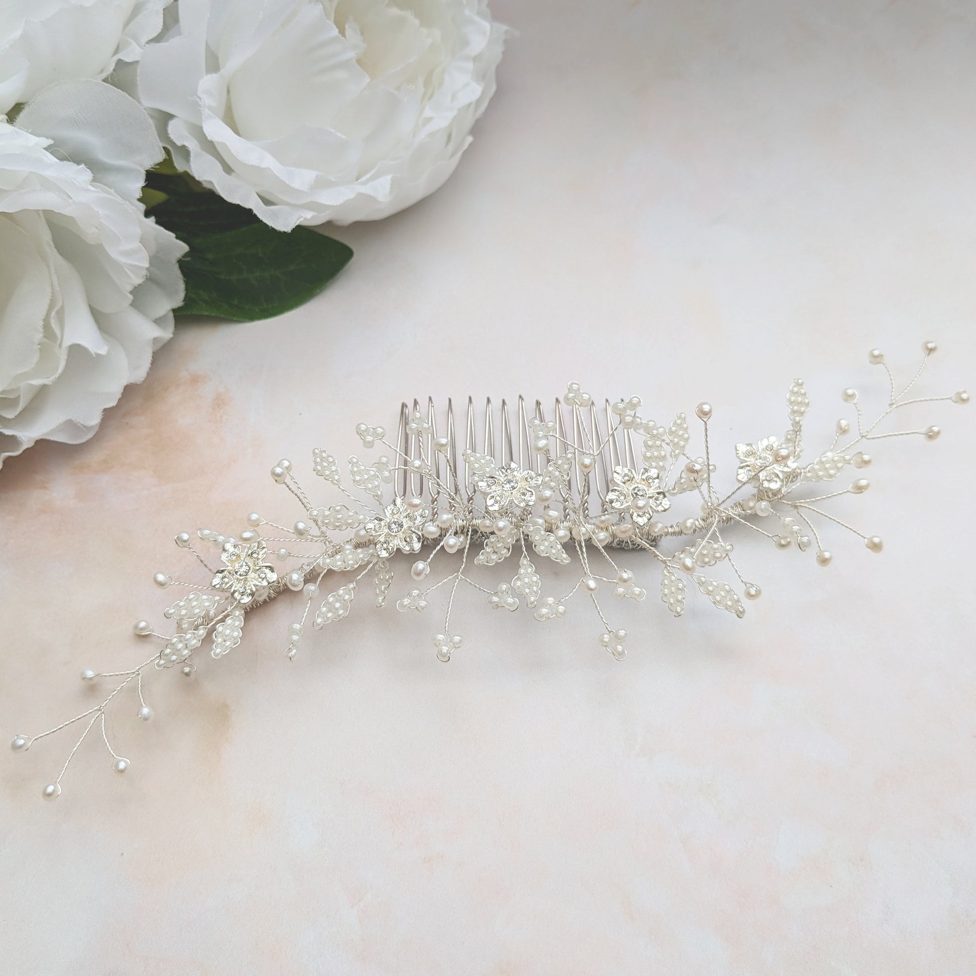 Pearl & Crystal floral wedding headpiece for brides detail - Susie warner