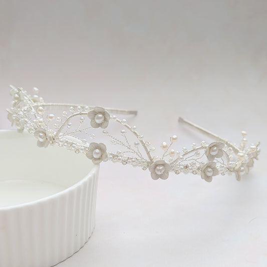Bridal crown with white flowers & pearls - Susie Warner