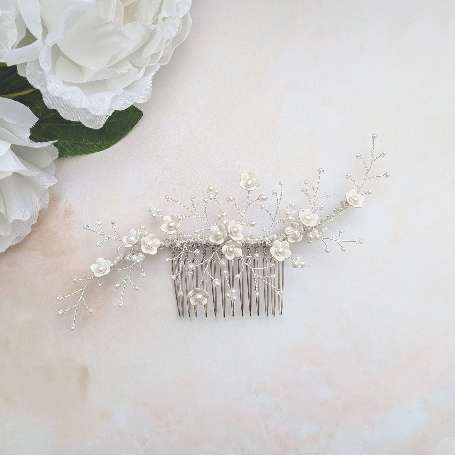 Floral bridal headpiece with White flowers & pearls - Susie Warner